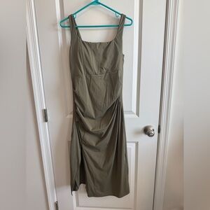 HALARA Olive Midi Dress Ruched Waist Front Side Slit Fitted Bodice Size Large